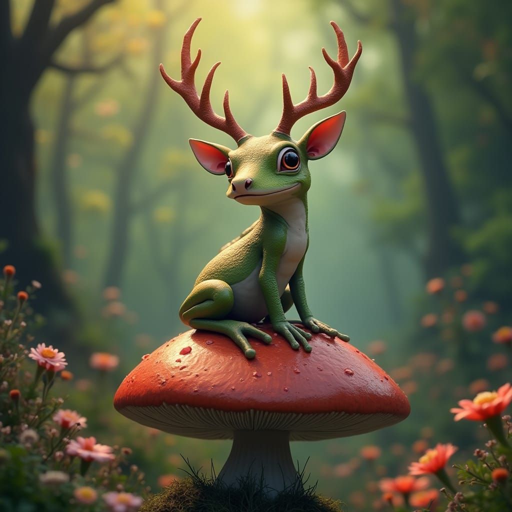Deer-Frog Creature in Whimsical Forest, Matte Painting Style