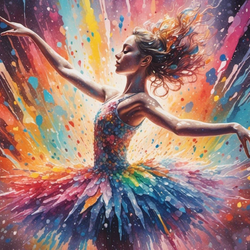 Rainbow Ballerina in Watercolor Splash Art
