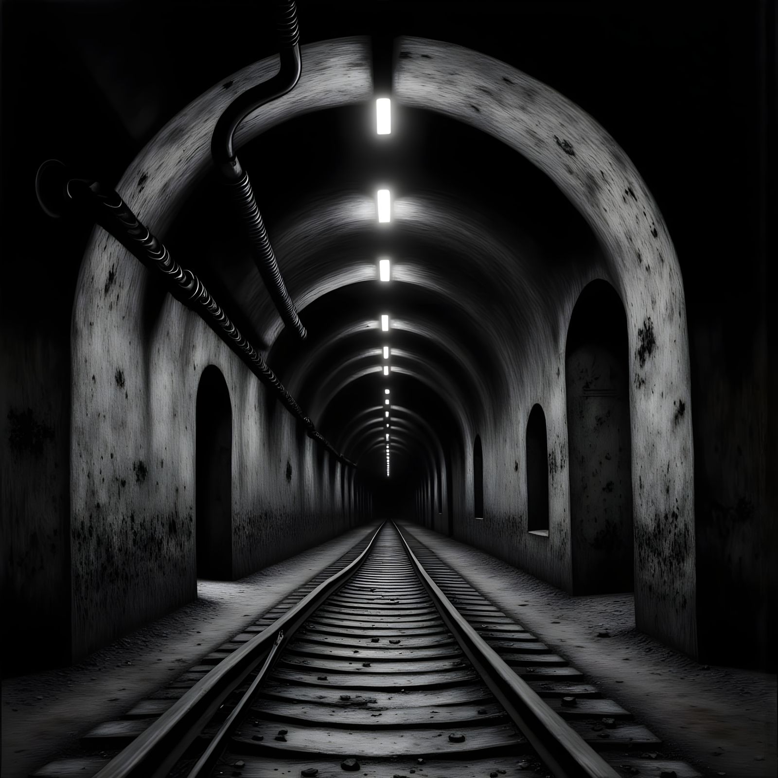 Dark Industrial Tunnel with Railway Tracks