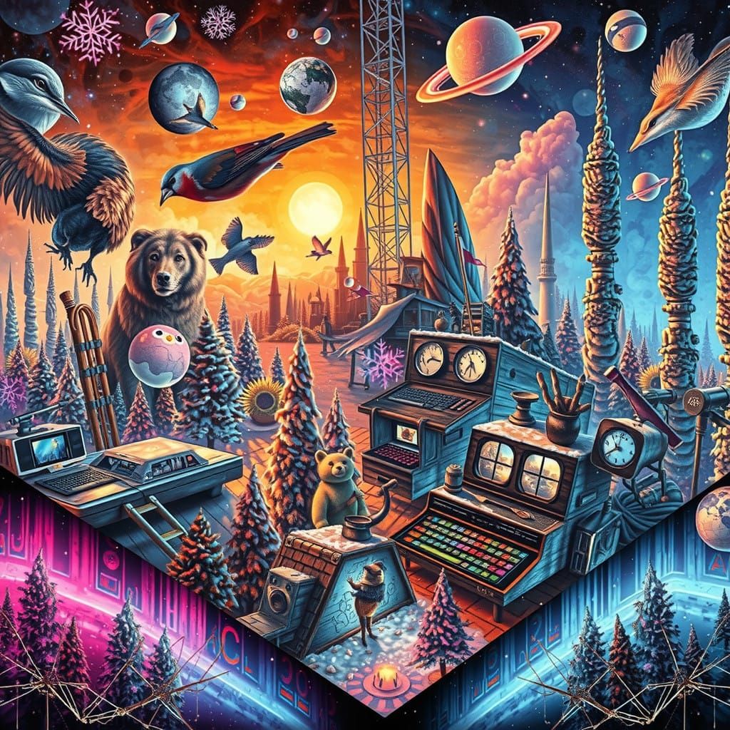 Cosmic Winter Wonderland in Vibrant Impasto