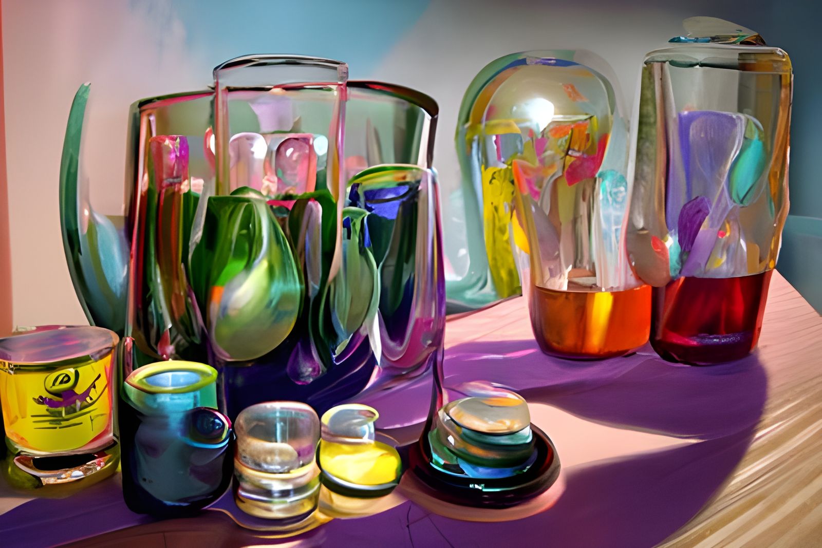 oil painting of a sunlit collection of depression glassware ...