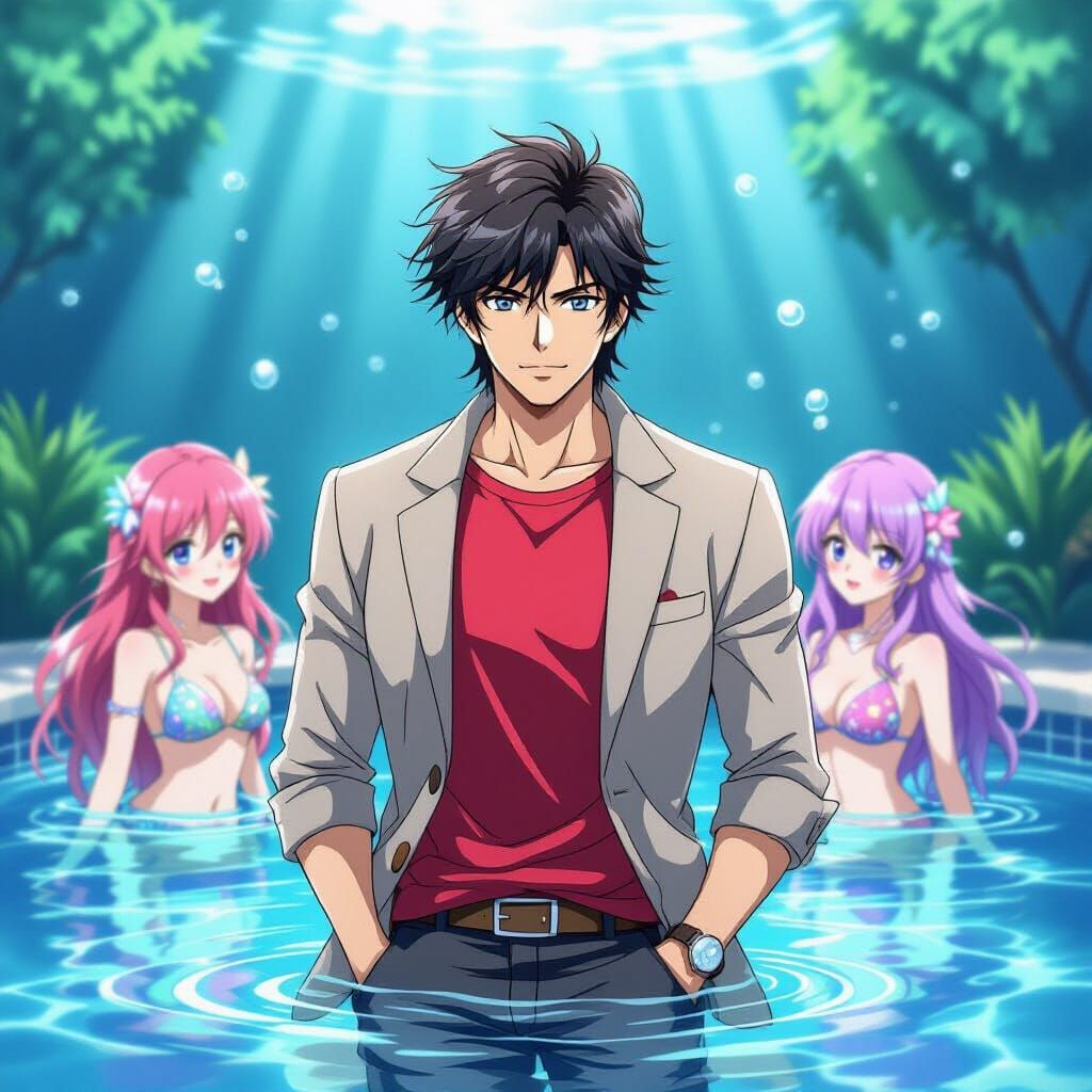 Ryo Saeba Meets Mermaids in Vibrant Anime Pool Scene