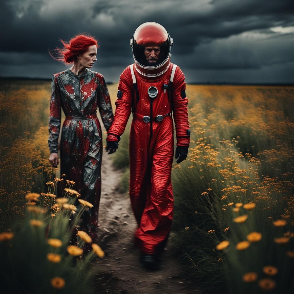 Woman and Astronaut on Cracked Ground in Polaroid Style