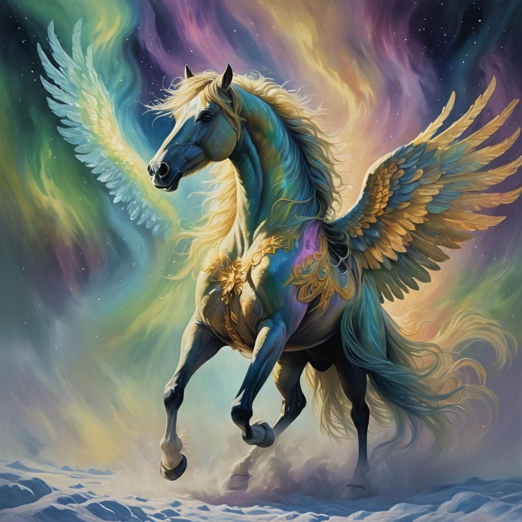 Winged Horse Emerges from Aurora Mist: Oil Painting