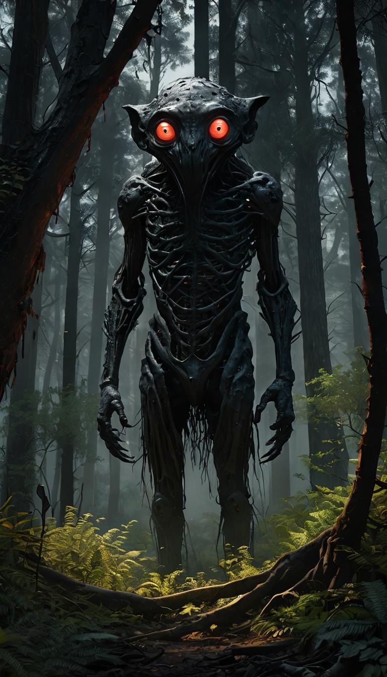 Cryptid Horror Scene in Imperial Colors with Glowing Eyes