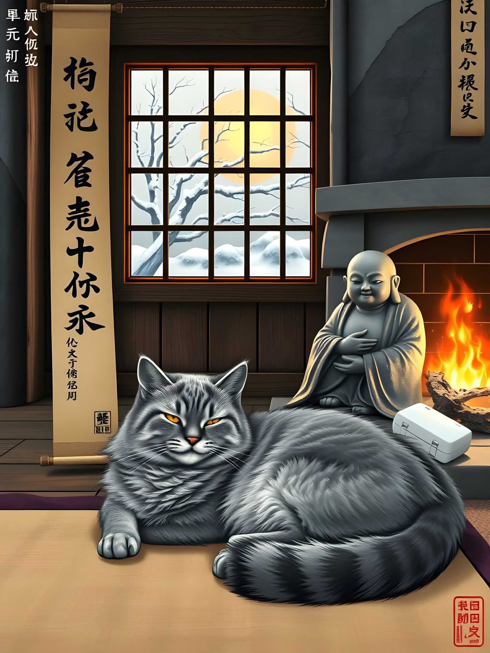 Plump Tabby Cat and Buddha Scroll in Ukiyo-e Style