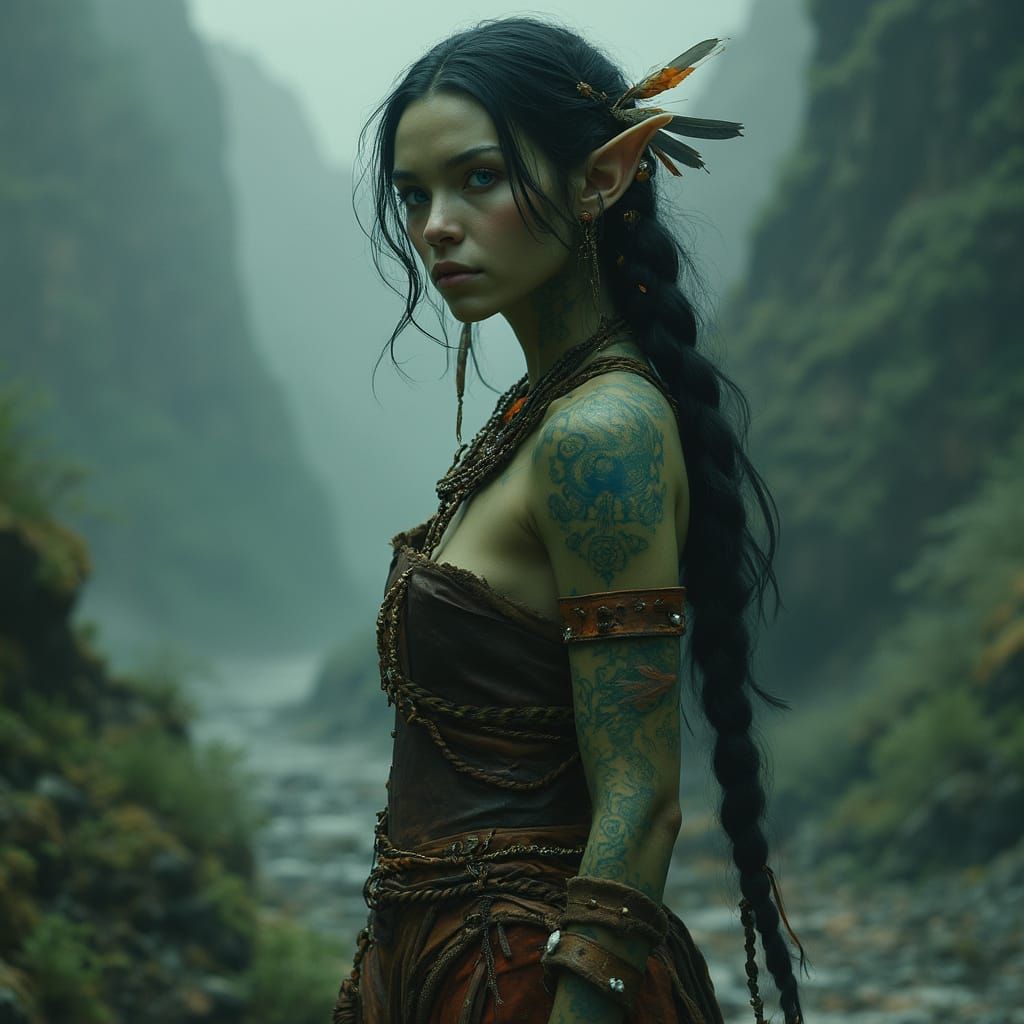 Green-Skinned Woman with Tattoos in Futuristic Style