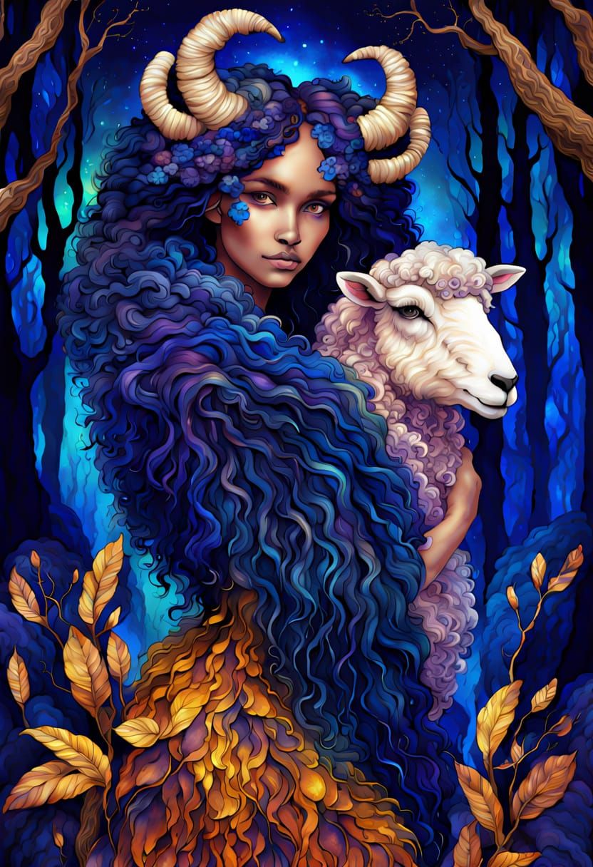Fantasy Sheep-Woman Hybrid in Alcohol Ink Style