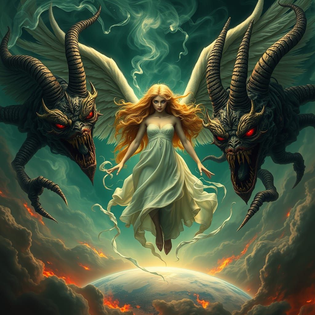 Angel Spirit Beset by Hellish Abominations in Surrealist HDR