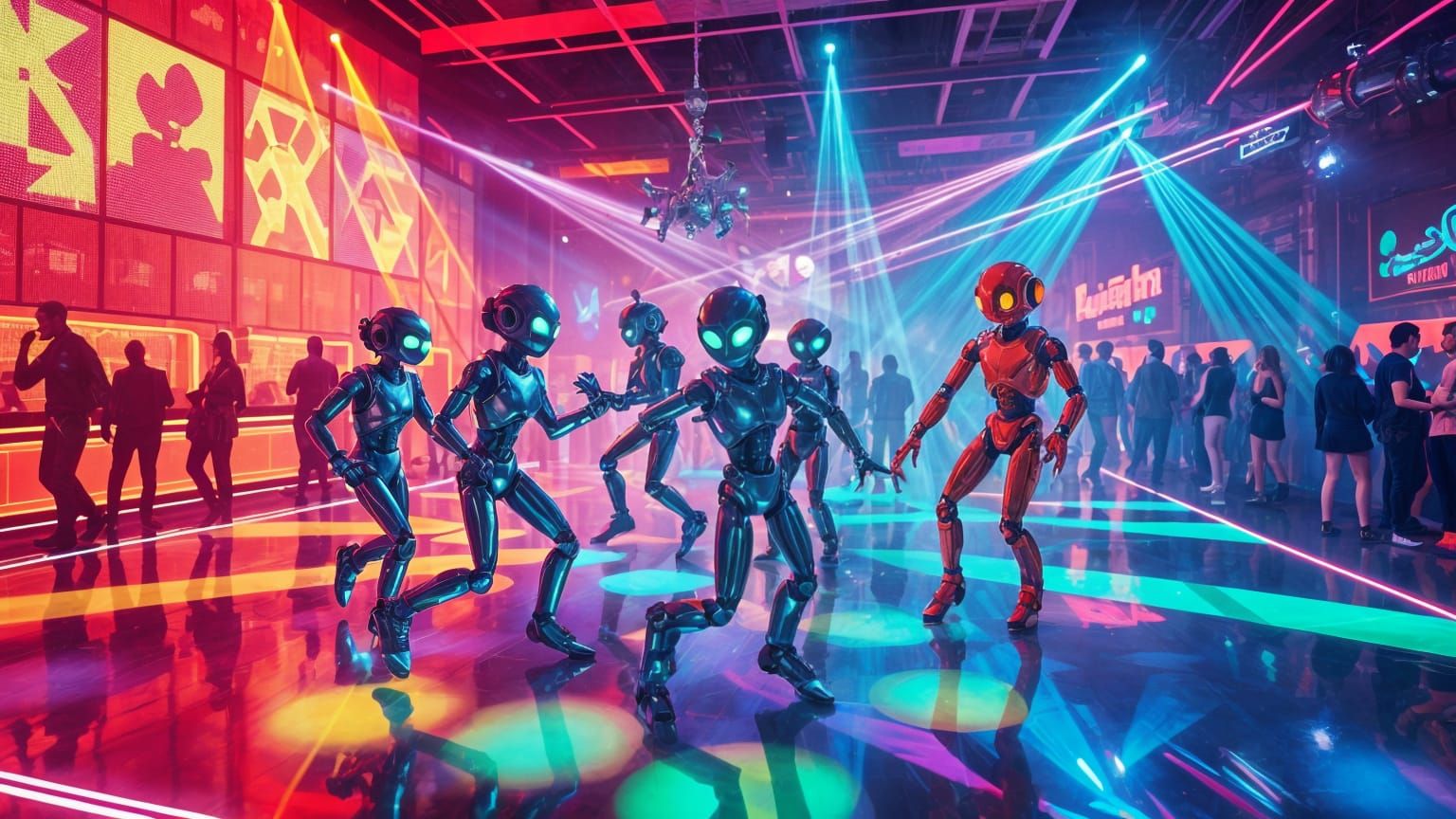 Robots Dancing in Futuristic Nightclub Scene