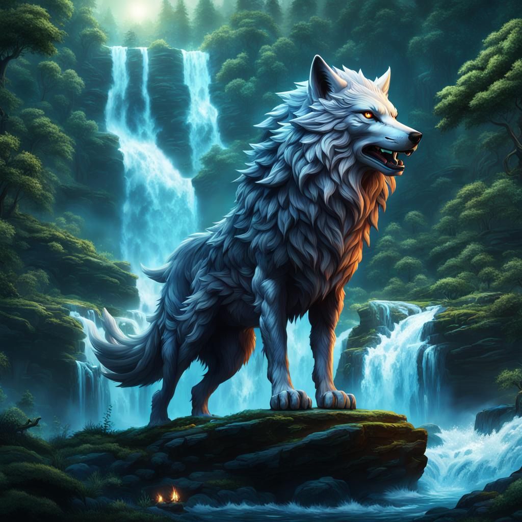 Nine-Tailed Elemental Wolf in Waterfall Forest