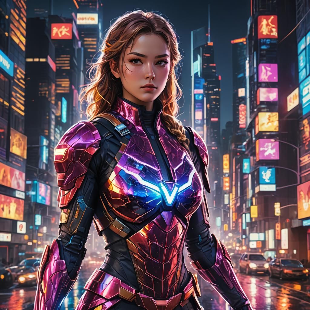 Superhero Anime Portrait in Futuristic Cityscape