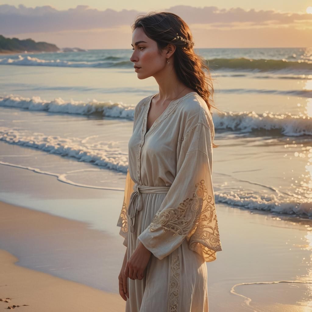 Serene Woman Gazing at Sunrise: Hyperrealistic Concept Art