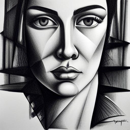 Cubist Woman Portrait in Geometric Charcoal Style