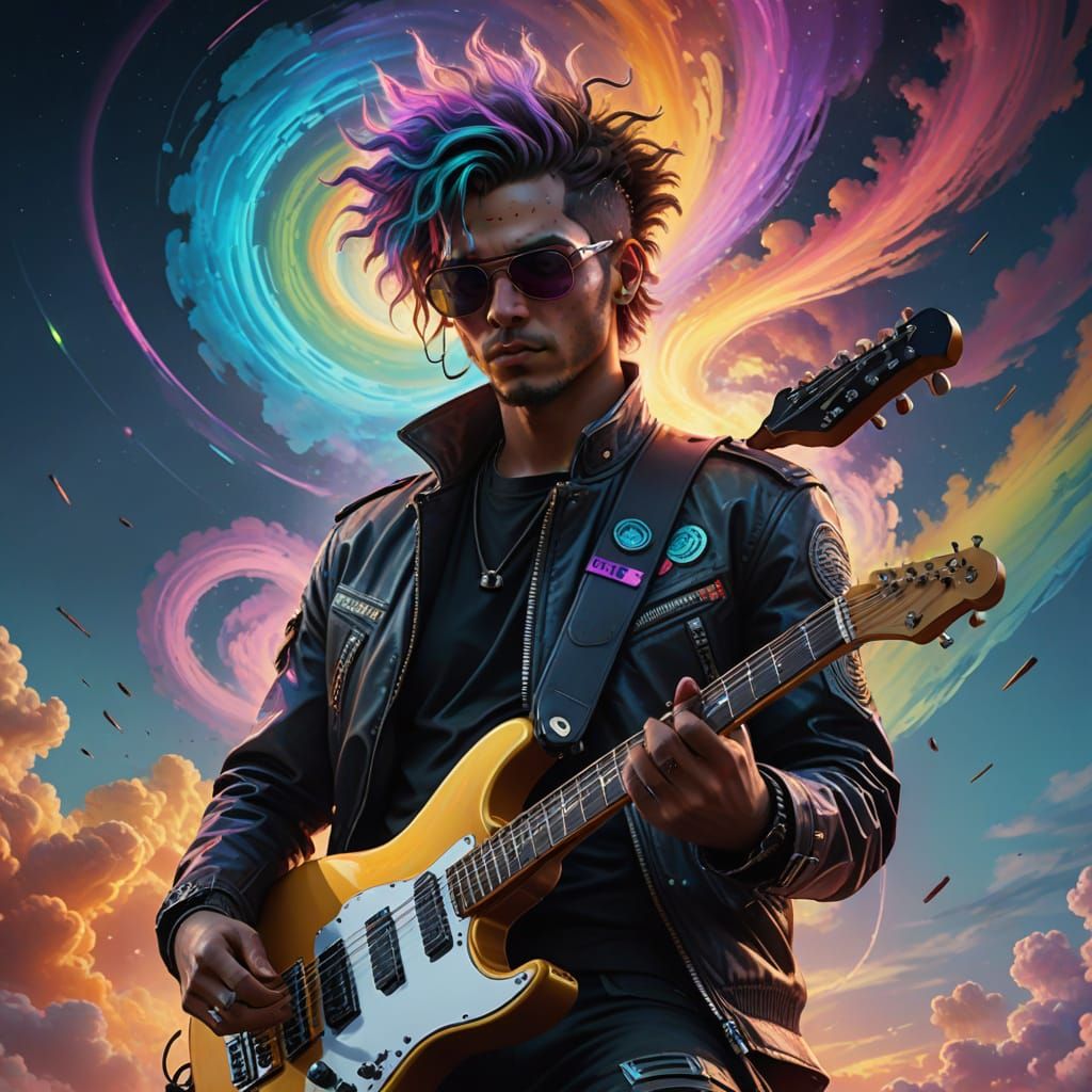 Cyberpunk Guitarist in Iridescent Pastel Cloud
