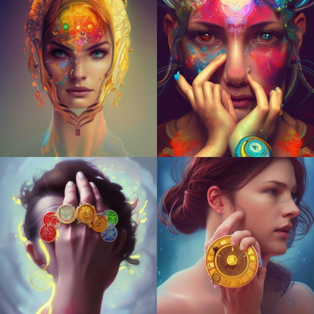 Zodiac Rings on Hands: Hyperrealistic Colorful Portrait