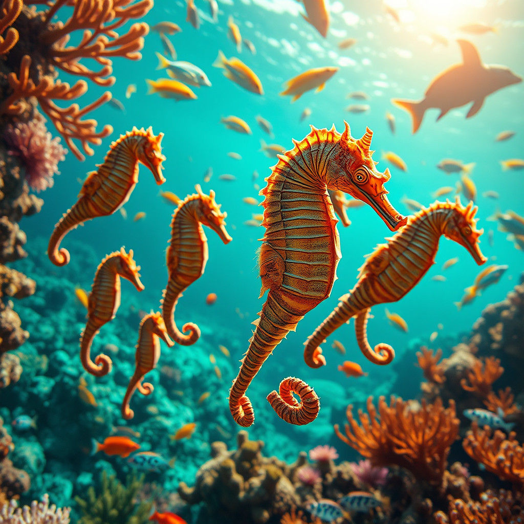 Seahorses in Ocean Paradise: Hyperrealistic Close-Up