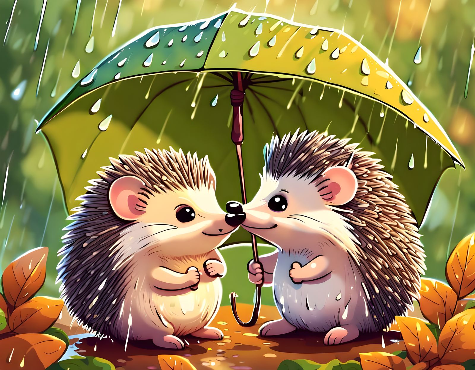 Cute Cartoon Hedgehogs Under a Leaf Umbrella