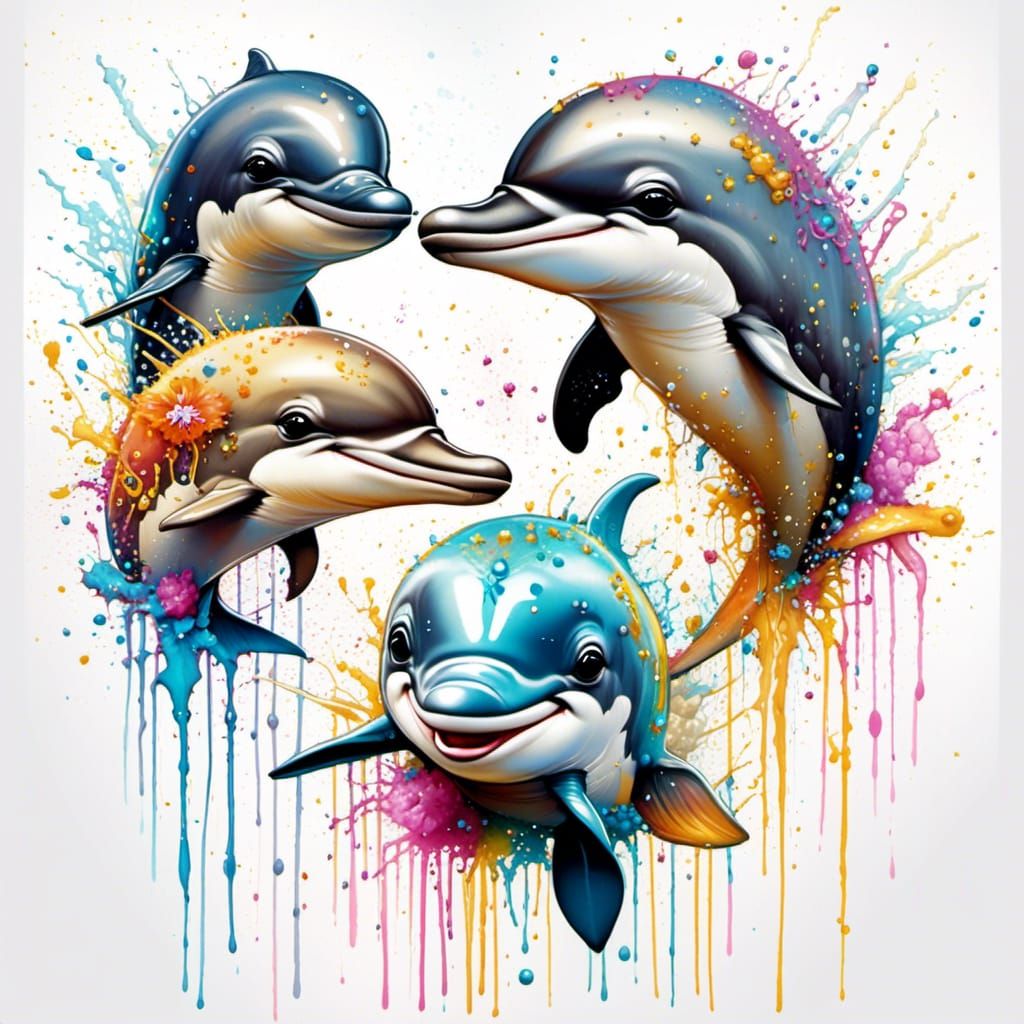 Dancing Dolphin Babies in Watercolor Style