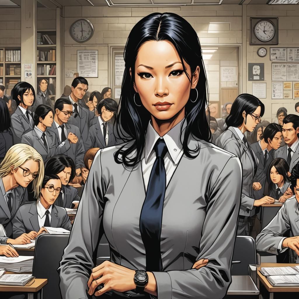 Lucy Liu as Strict Teacher in Comic Book Art