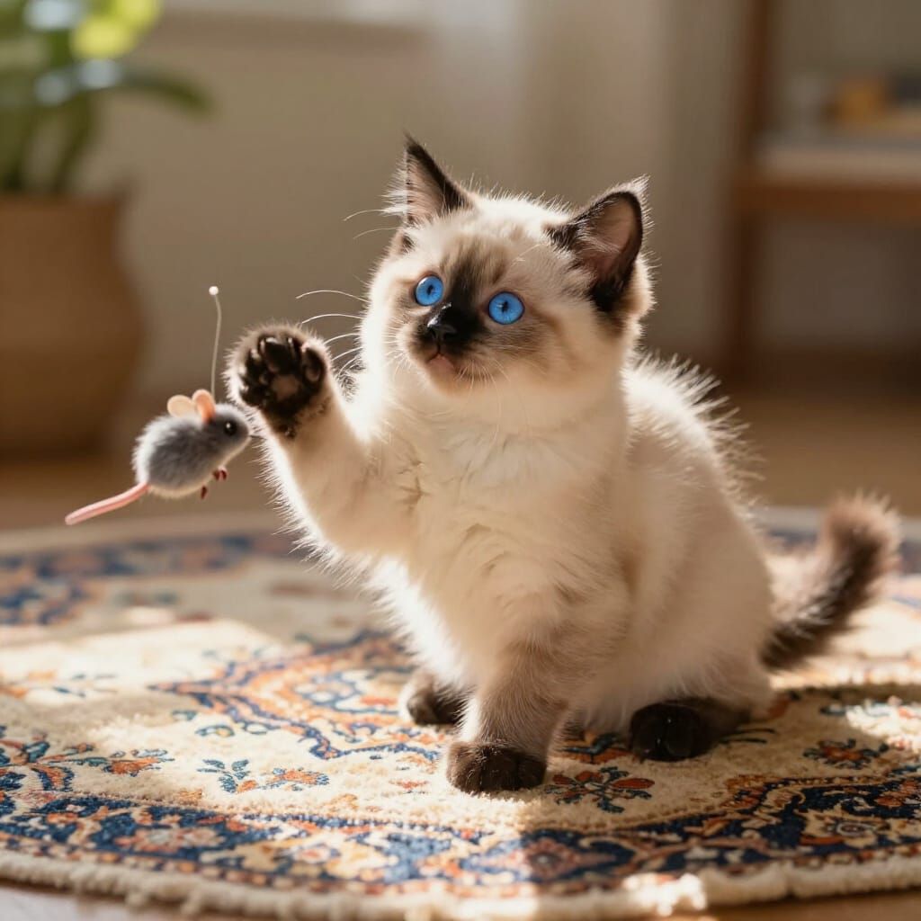 Cute Siamese Kitten Playing with Toy Mouse in Sunbeam