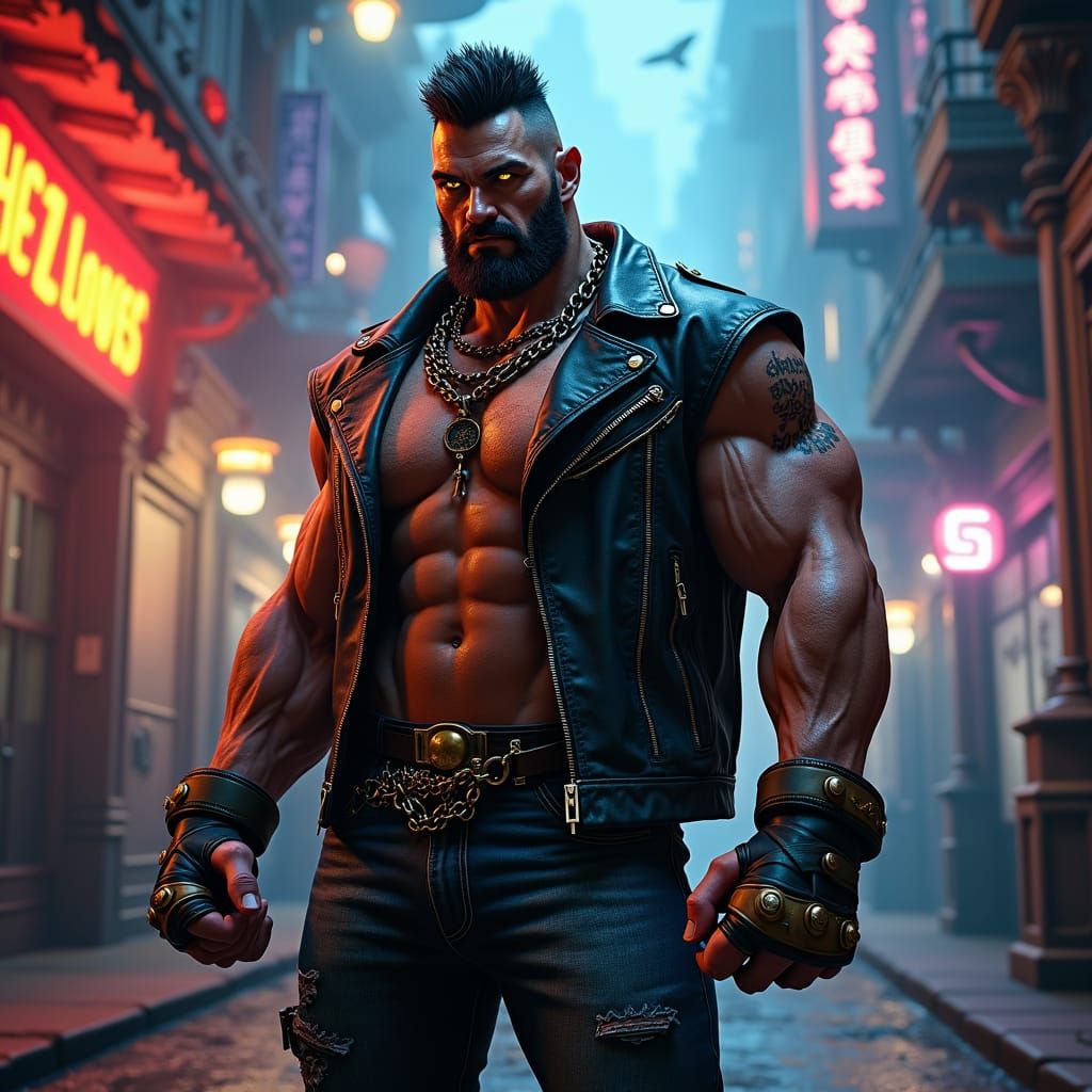 Grizzled Bouncer in Neon Cityscape, Matte Painting Style