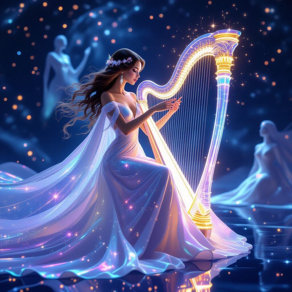 Astral Harpist Weaving Constellations with Starlight