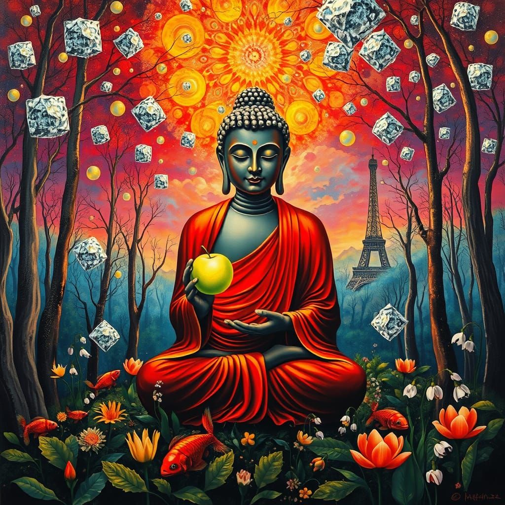 Surreal Buddha in Dreamlike Forest, Magritte & Dali Style