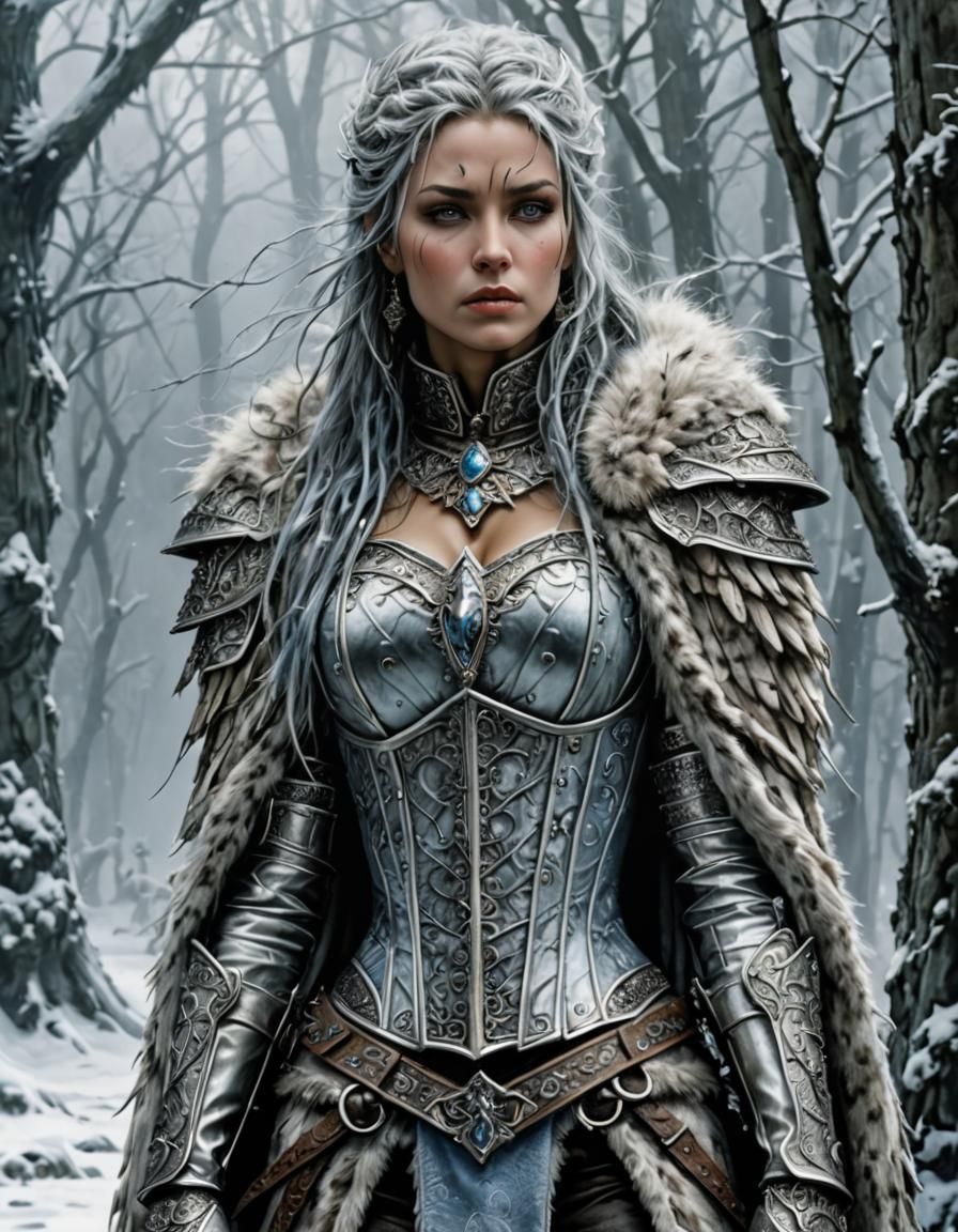 Icy Woman in Fur Armor: Fantasy Art