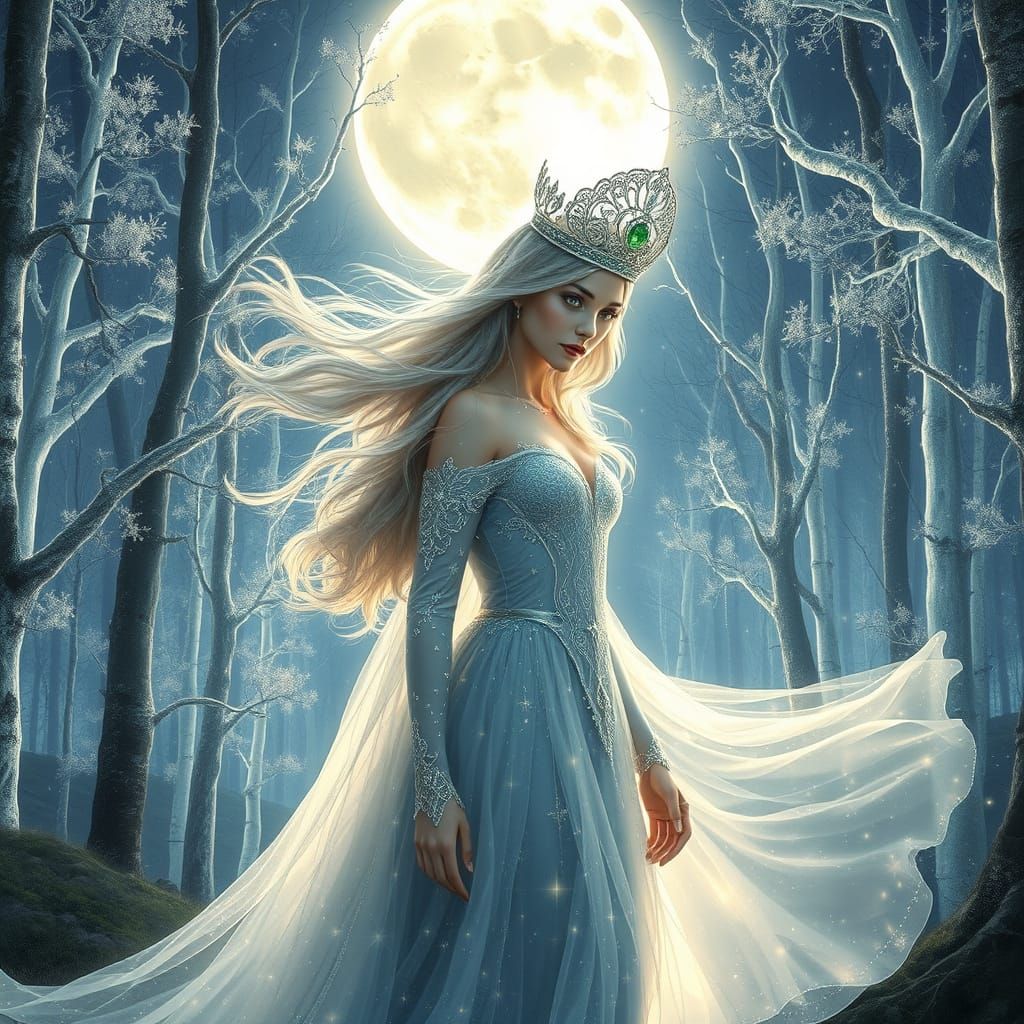 Ethereal Elven Queen in Starlight Gown in Enchanted Forest
