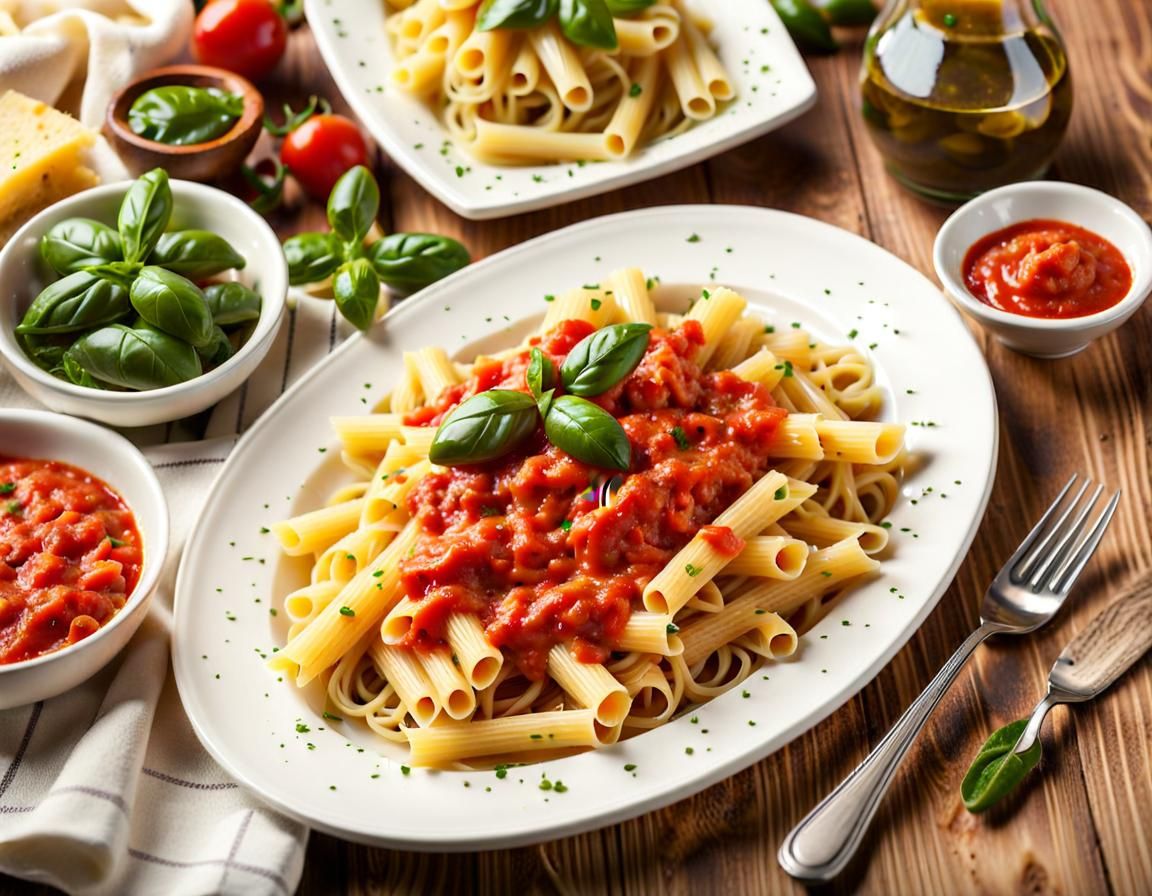 Pasta Dish with Sauce in Restaurant Setting