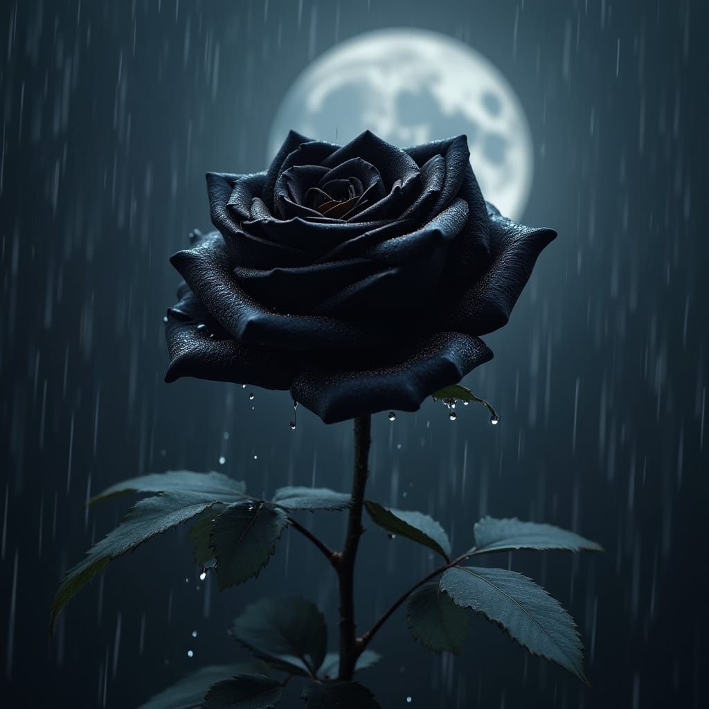 Moonlit Black Rose in Rainy Night