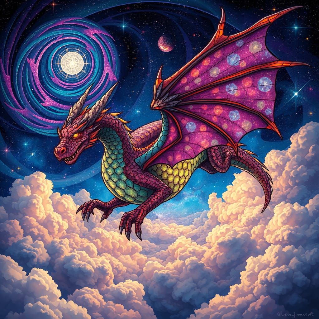 Stained Glass Dragon Soaring Through Galaxy Sky