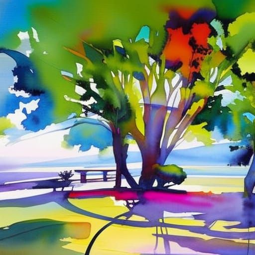 Vibrant Sea View Patio in Watercolor Style