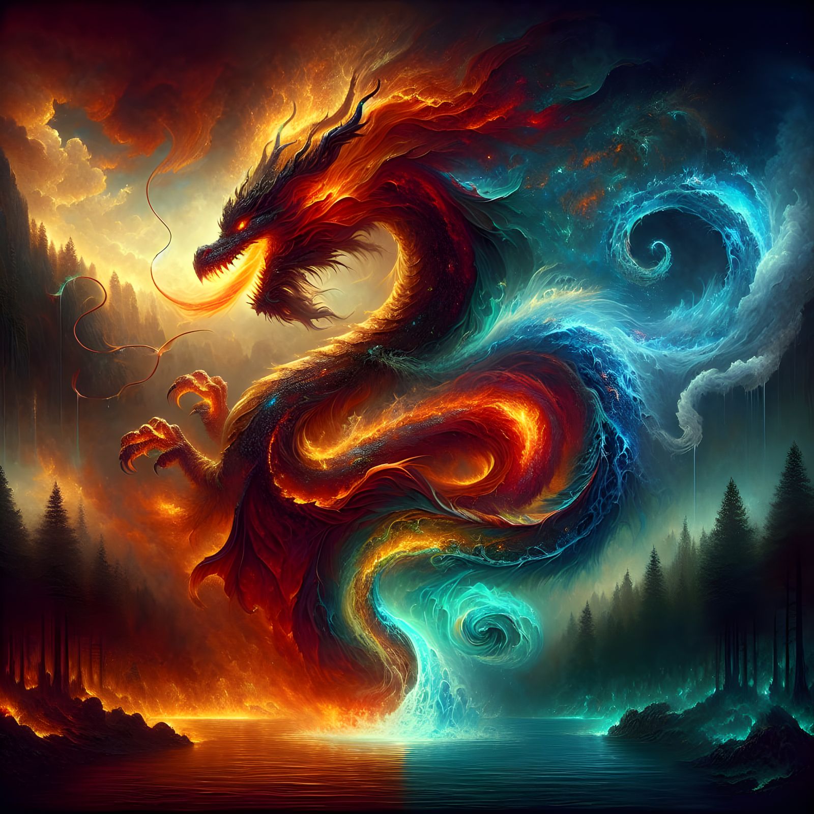 Elemental Dragon Coils Above Enchanted Forest