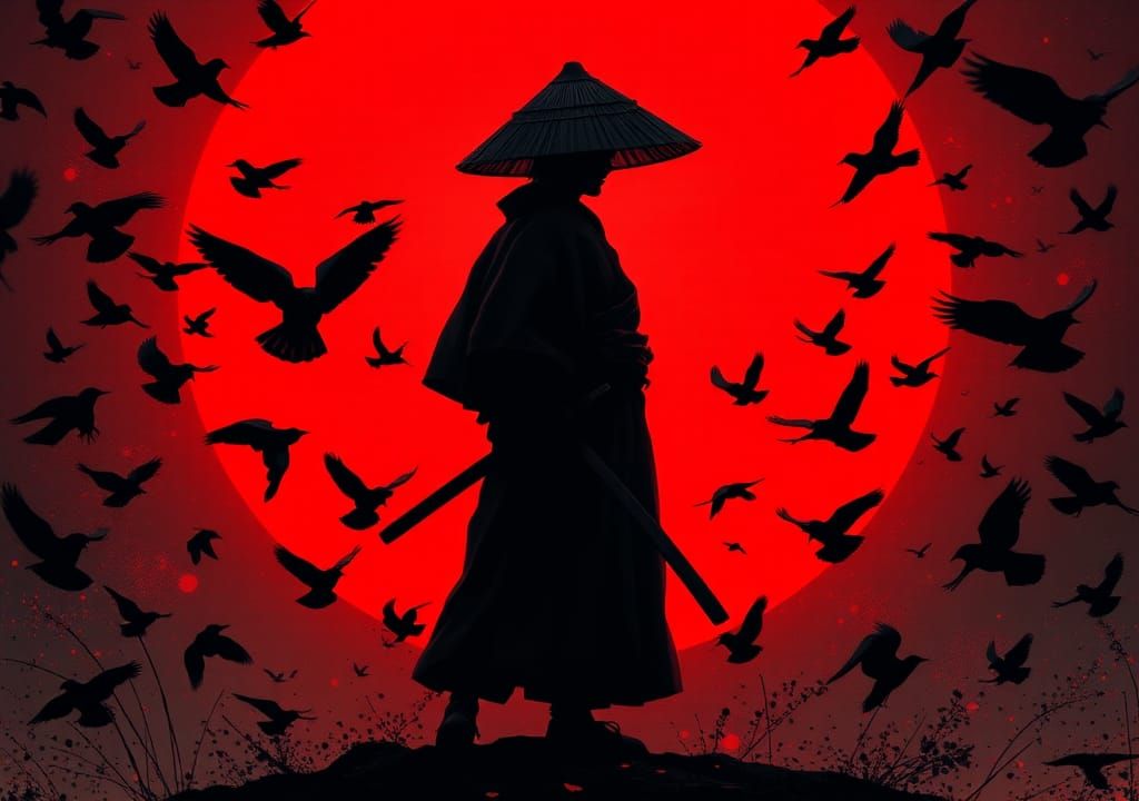 Samurai Warrior in Shadow Against Fiery Sky