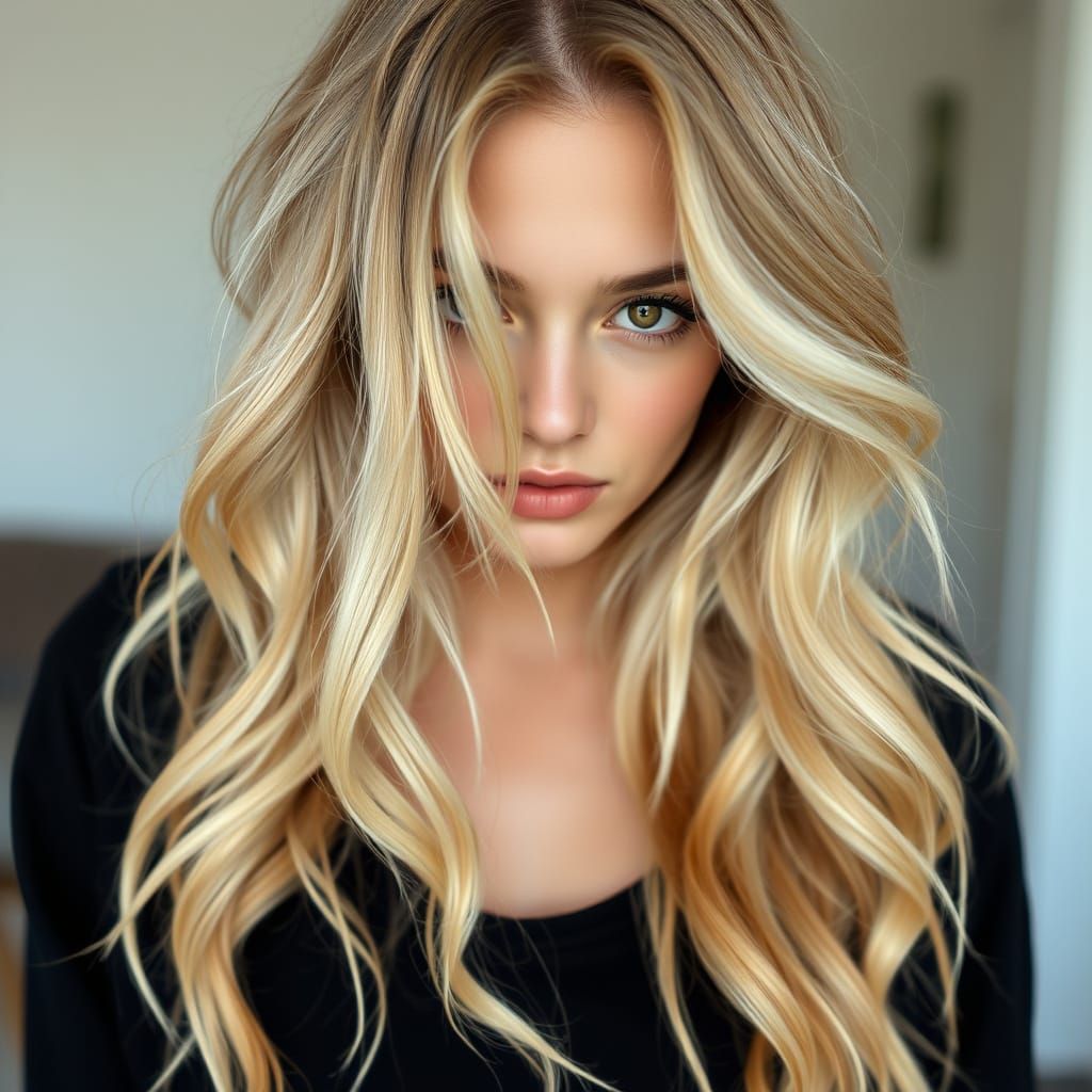 Alluring Blonde Woman Looks Through Her Hair