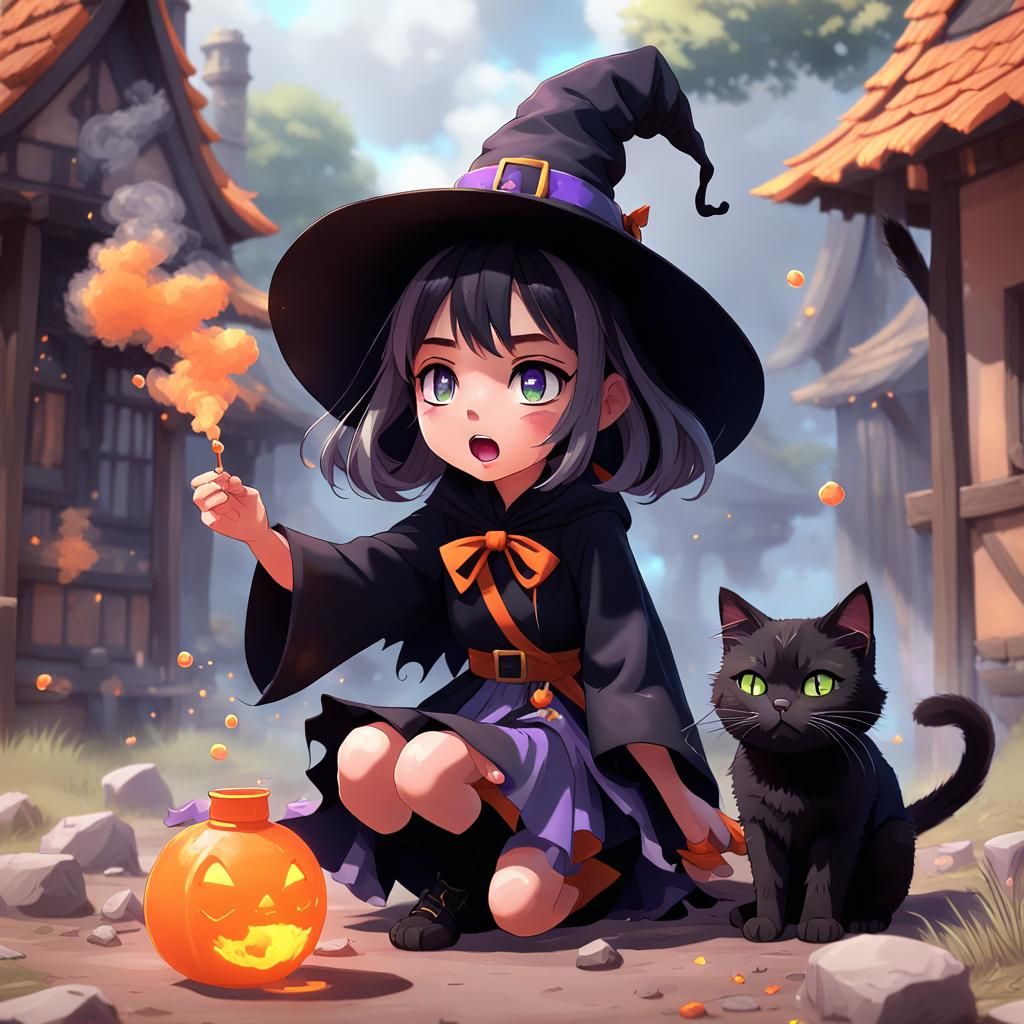 Clumsy Witch Potion Mishap in Anime Style