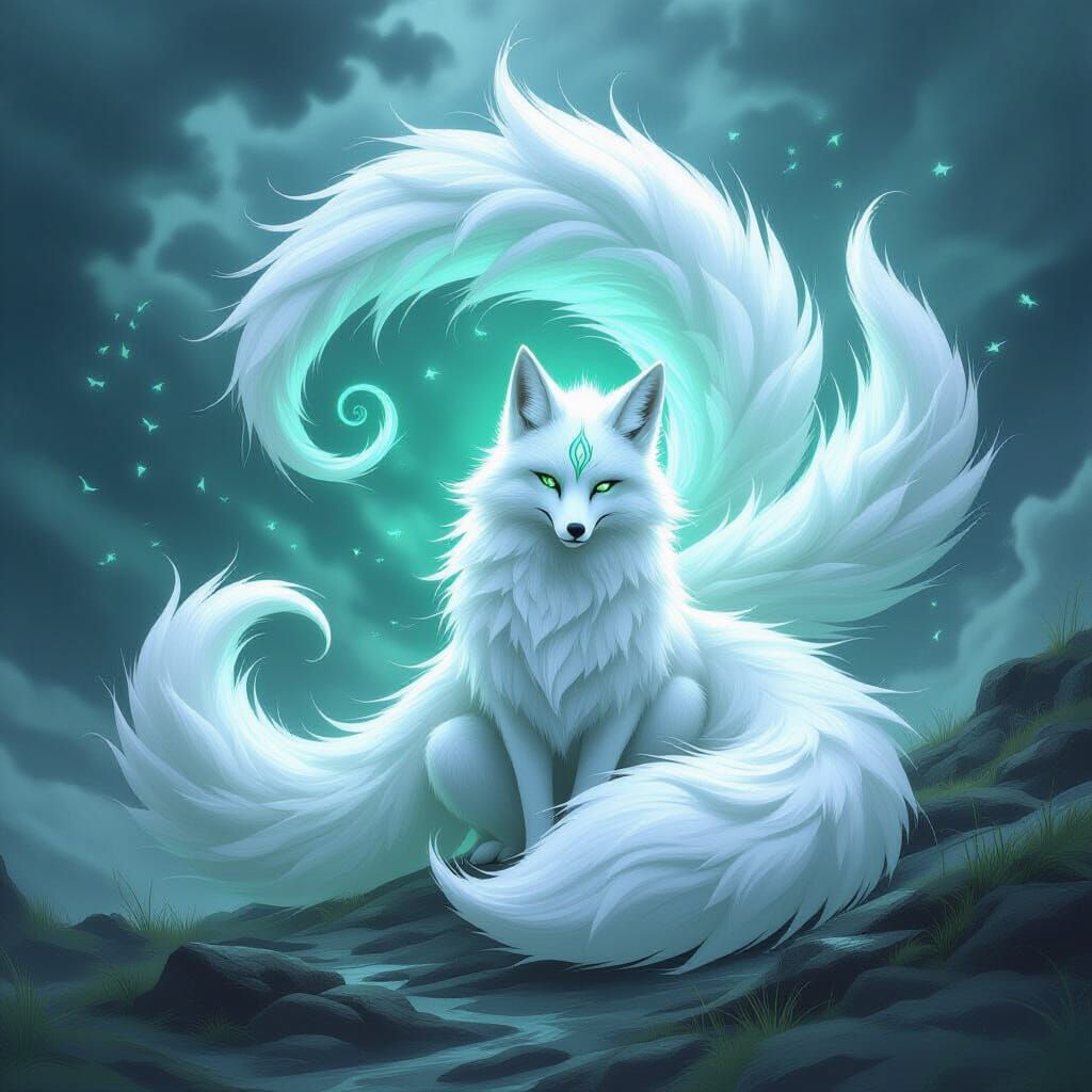 White Fox Conjures Wind Vortex in Ethereal Digital Painting