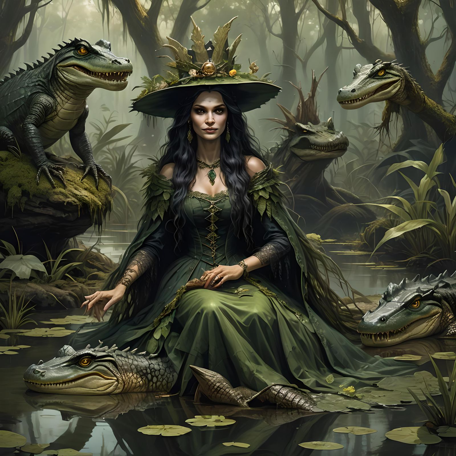 The Queen of the Swamp and her pets.