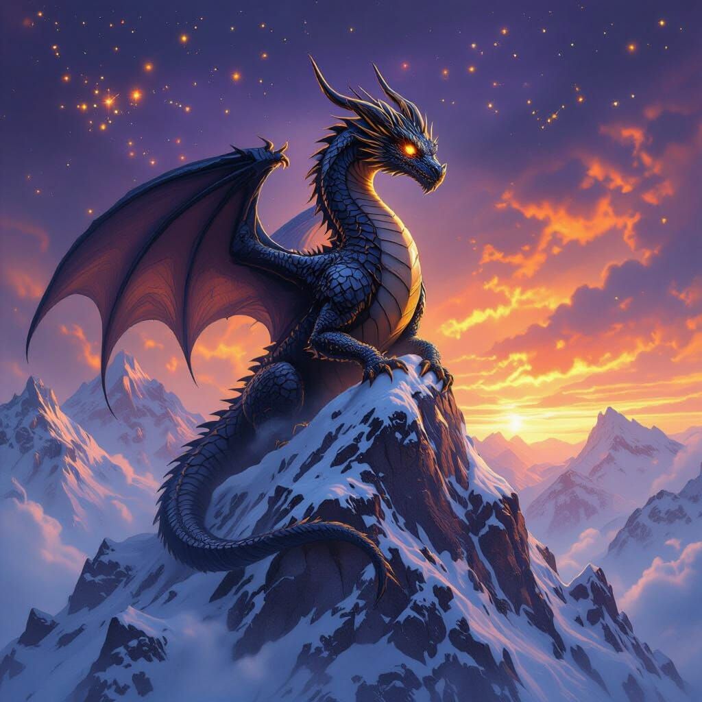 Obsidian Dragon on a Jagged Peak: Hyperrealistic Art