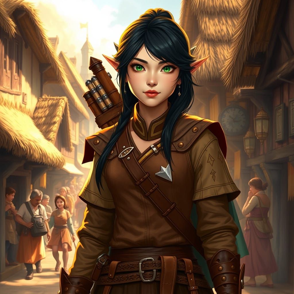 Elegant Asian Elf Adventurer in Whimsical Fantasy Village