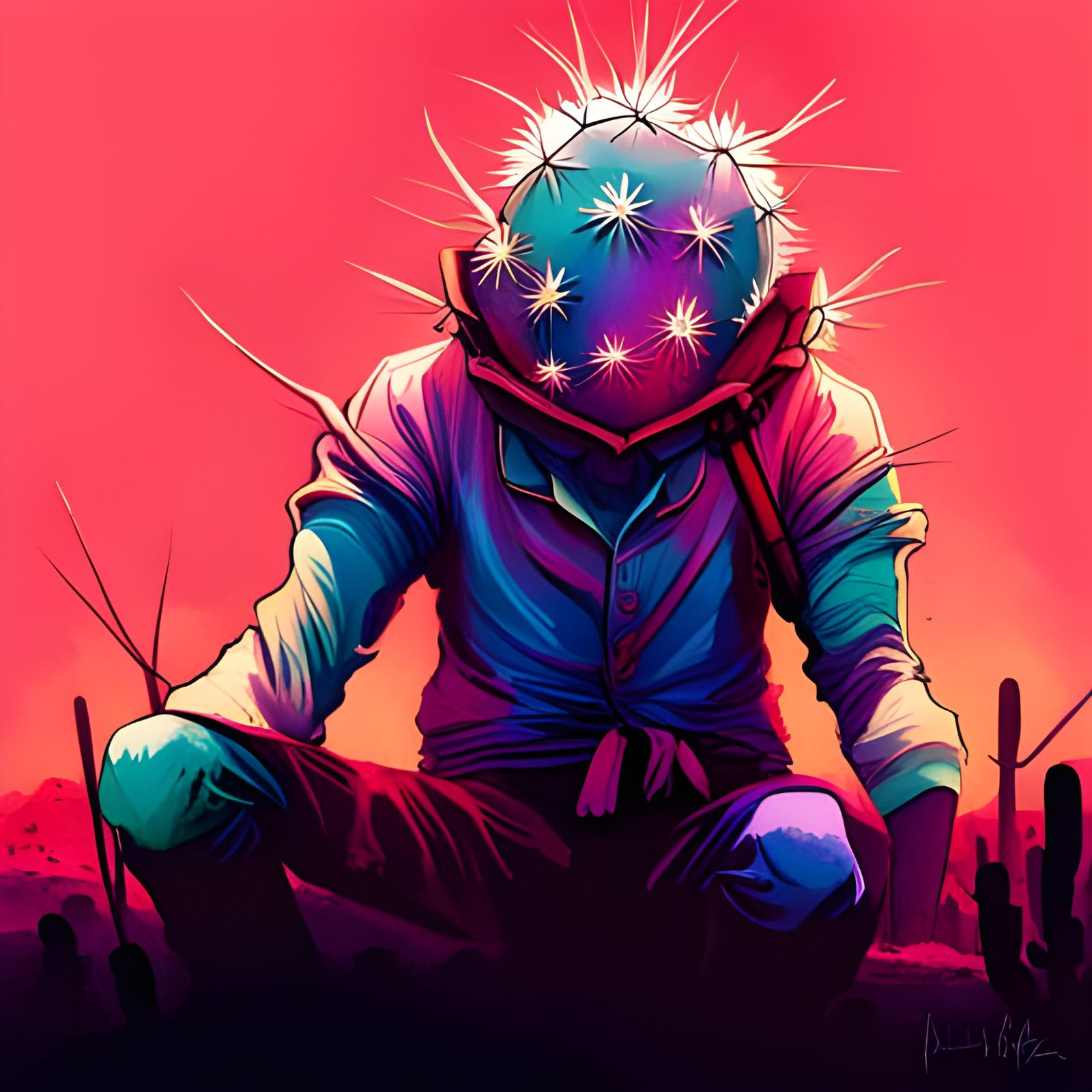 Blooming Cactus Man: Splash Art in 8K