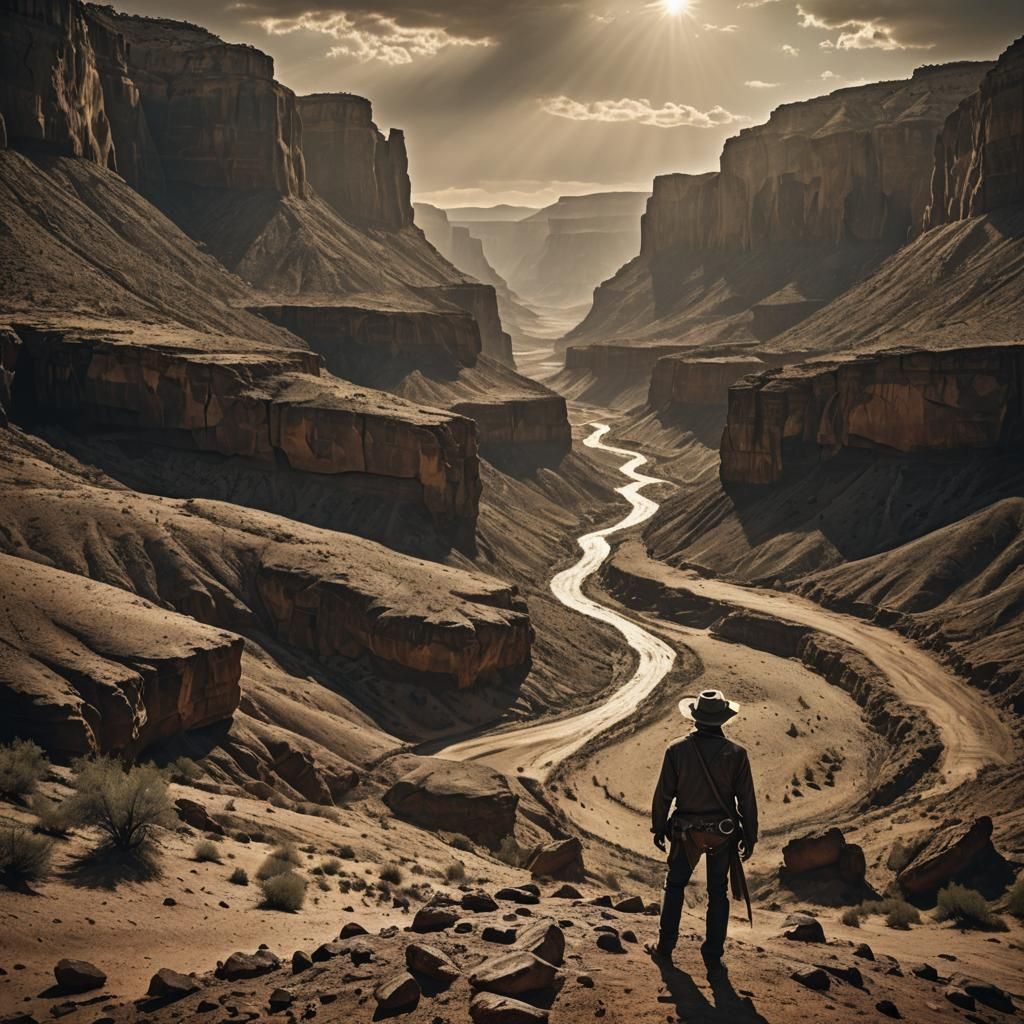 Grizzled Cowboy in Sun-Scorched Western Noir Landscape