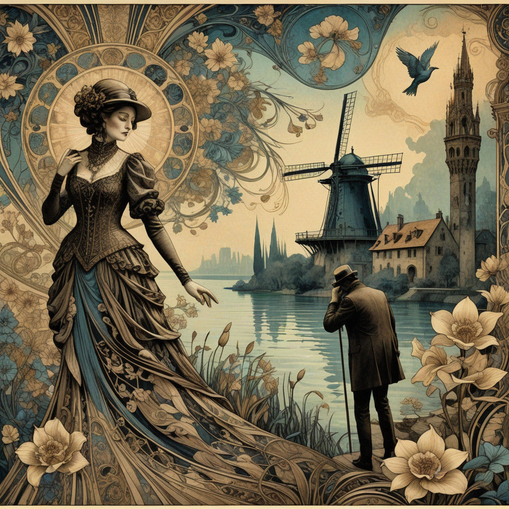 Emotive Art Nouveau Masterpiece with Dark, Eerie Atmosphere