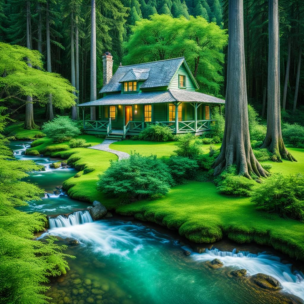 Cottage in Emerald Garden with Cypress Trees