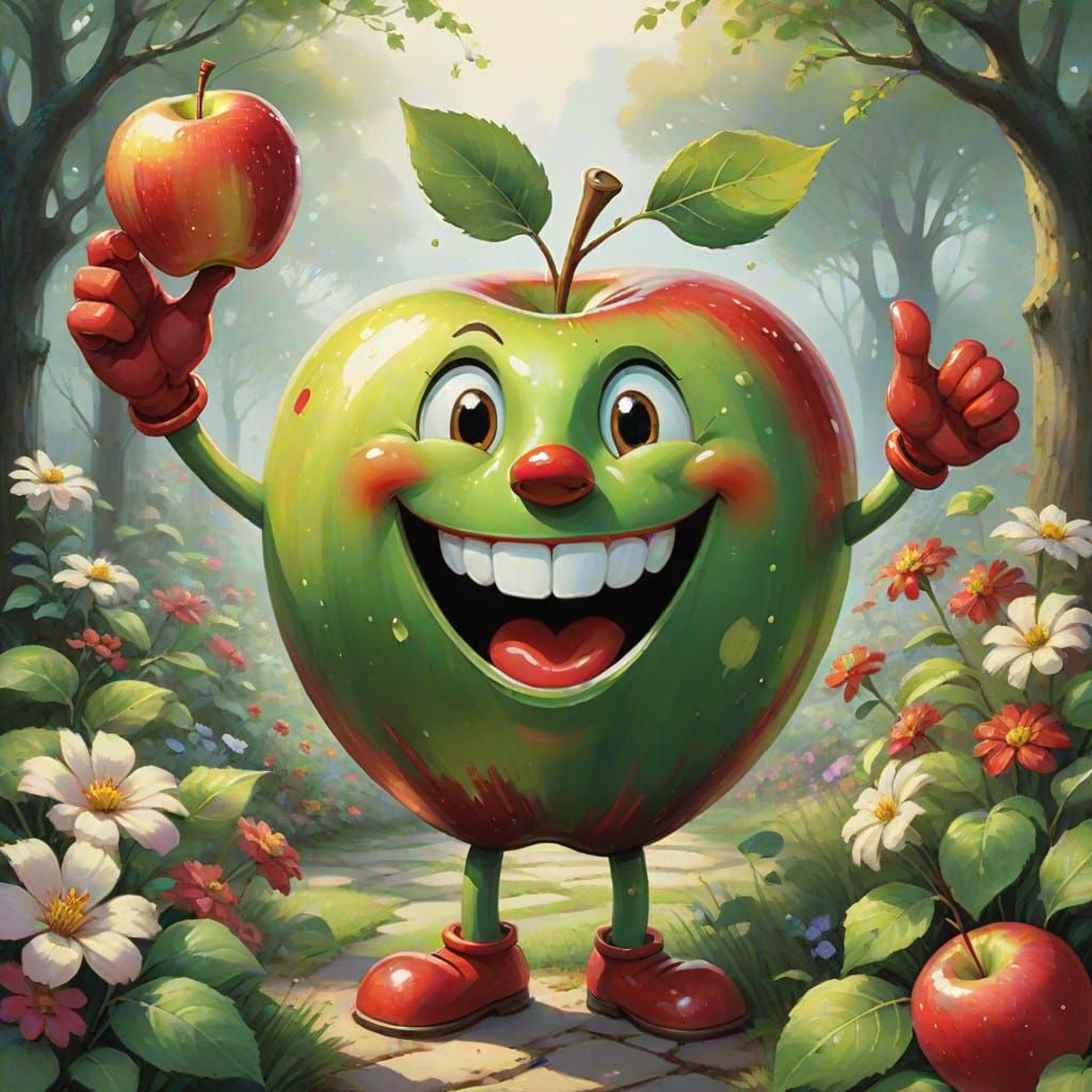 Vibrant Cartoon Apple Waves in Whimsical Garden Scene