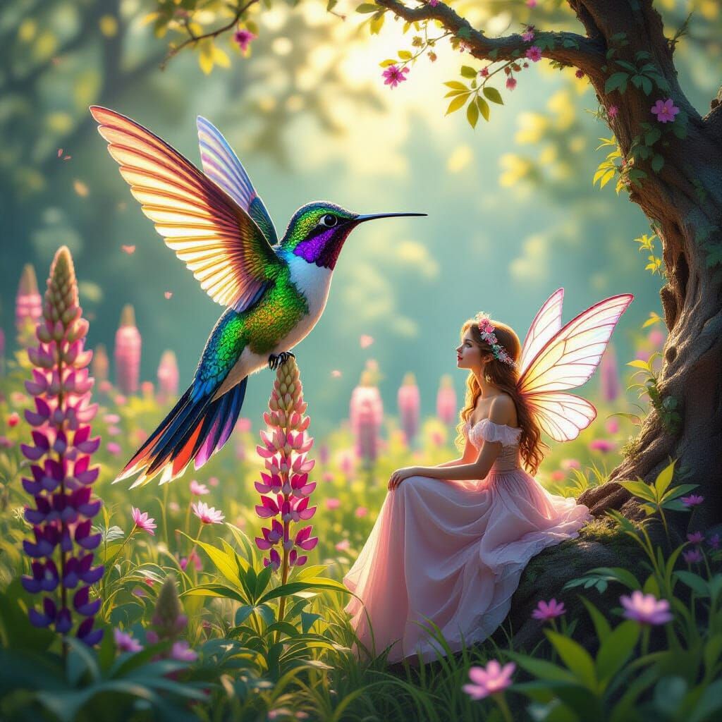 Rainbow Hummingbird in Meadow, Hyperrealistic Detailed Portr...