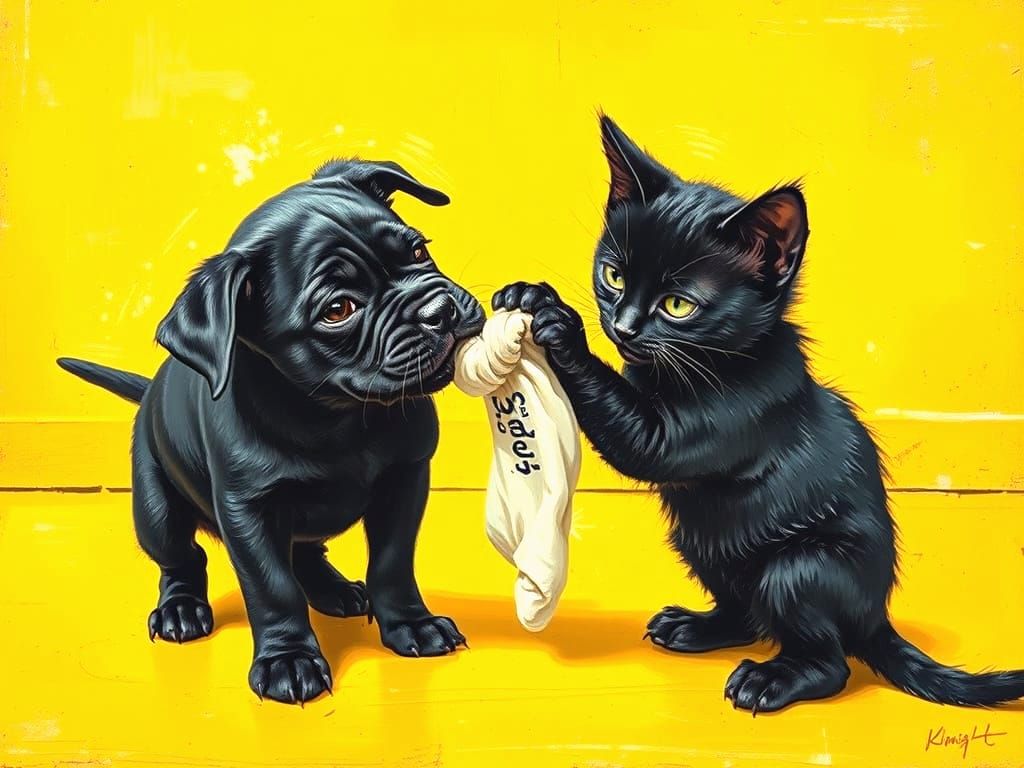 Puppy and Kitten Fight Over Sock in Yellow Room