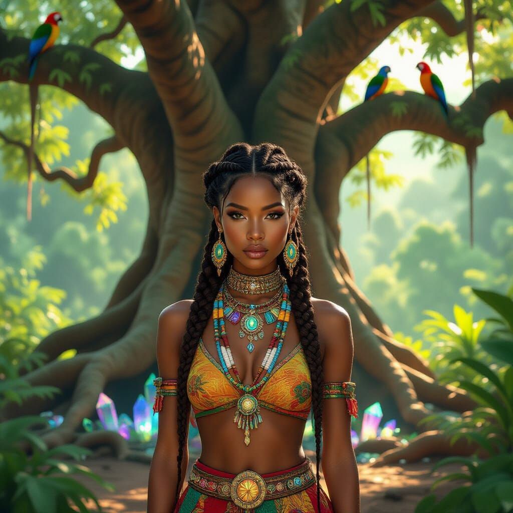Black Woman with Braids in Rainforest, Afrofuturism Style